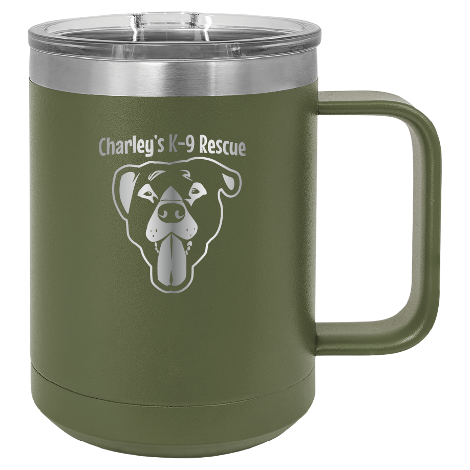 Olive green 15 oz coffee cup laser engraved  tumbler featuring the Charley's K9 Rescue logo