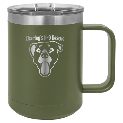 Olive green 15 oz coffee cup laser engraved  tumbler featuring the Charley's K9 Rescue logo