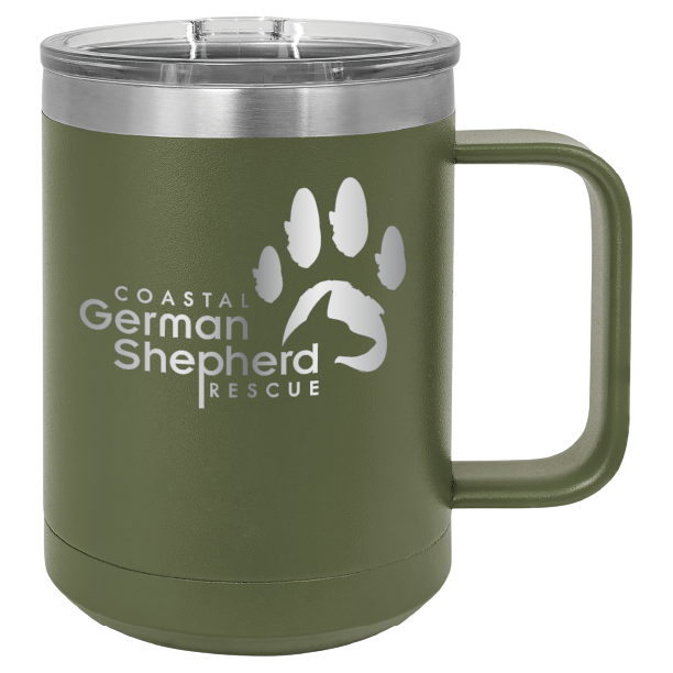 Olive Green 15 ounce laser engraved coffee mug, featuring the with the Coastal German Shpherd Rescue of Orange County logo