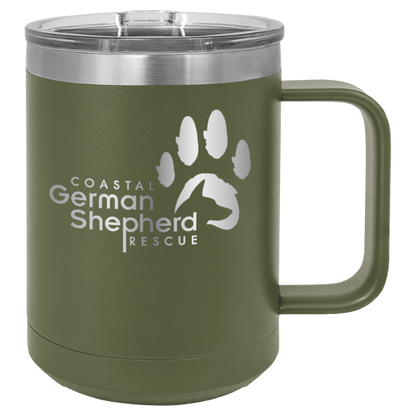 Olive Green 15 ounce laser engraved coffee mug, featuring the with the Coastal German Shpherd Rescue of Orange County logo