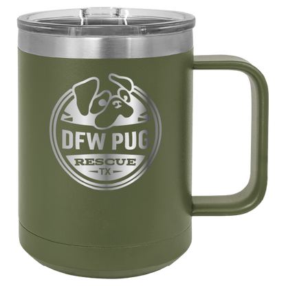 Olive Green 15 oz laser engraved coffee cup featuring the DFW Pug Rescue logo