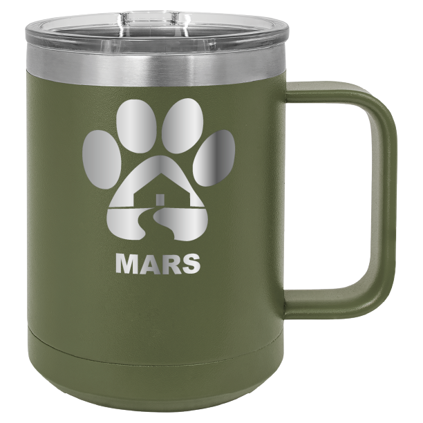 Olive green 15 ounce laser engraved coffee mug with the Midwest Animal Rescue & Services (MARS) logo.