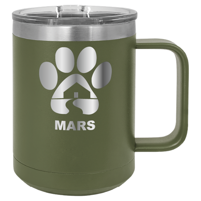 Olive green 15 ounce laser engraved coffee mug with the Midwest Animal Rescue & Services (MARS) logo.