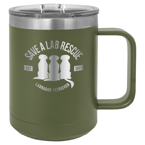 Olive Green 15 oz laser engraved coffee cup featuring the Save A Lab Rescue logo.