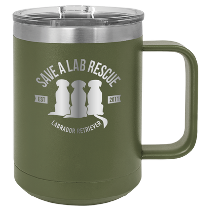 Olive Green 15 oz laser engraved coffee cup featuring the Save A Lab Rescue logo.