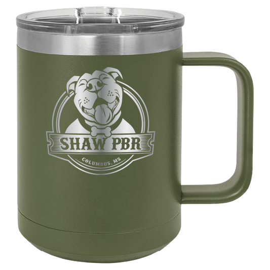 Olive green laser engraved coffee cup featuring the Shaw Pit Bull Rescue logo