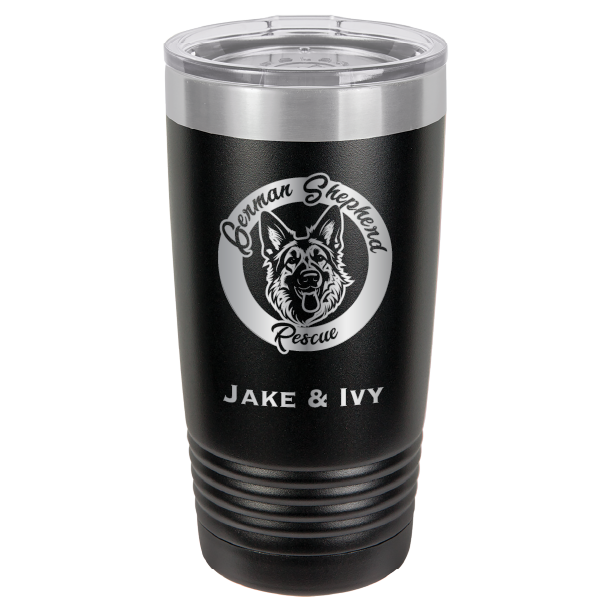 Laser Engraved black 20 oz tumbler with German Shepherd Rescue and the names Jake and Ivy