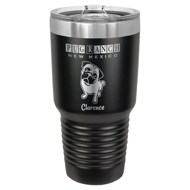 Laser engraved black tumbler featuring Pug Ranch NM: 30 oz