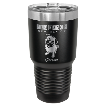 Laser engraved black tumbler featuring Pug Ranch NM: 30 oz