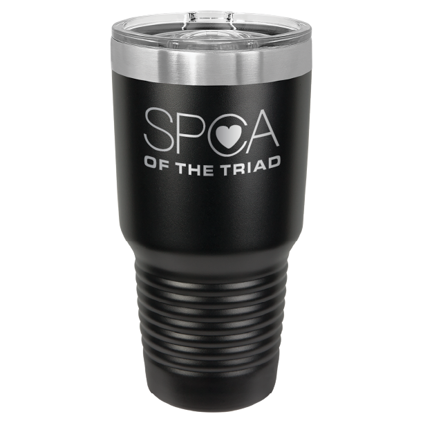 Black 30 oz laser engraved tumbler featuring the SPCA of the Triad logo.