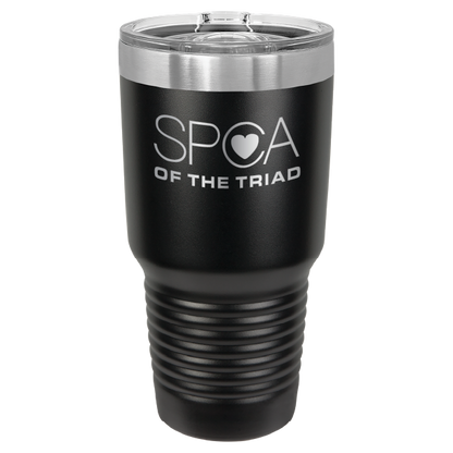 Black 30 oz laser engraved tumbler featuring the SPCA of the Triad logo.