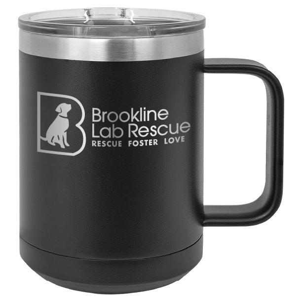 Black laser engraved 15 of coffee cup featuring the Brookline Lab Rescue logo