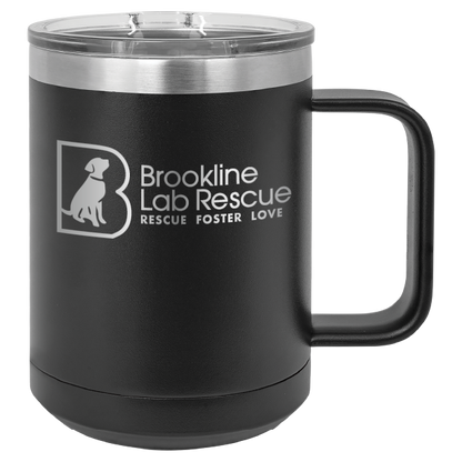 Black laser engraved 15 of coffee cup featuring the Brookline Lab Rescue logo