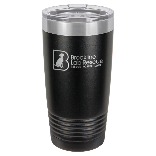 Black and stainless  laser engraved 20 ounce tumbler featuring the Brookline Lab Rescue logo