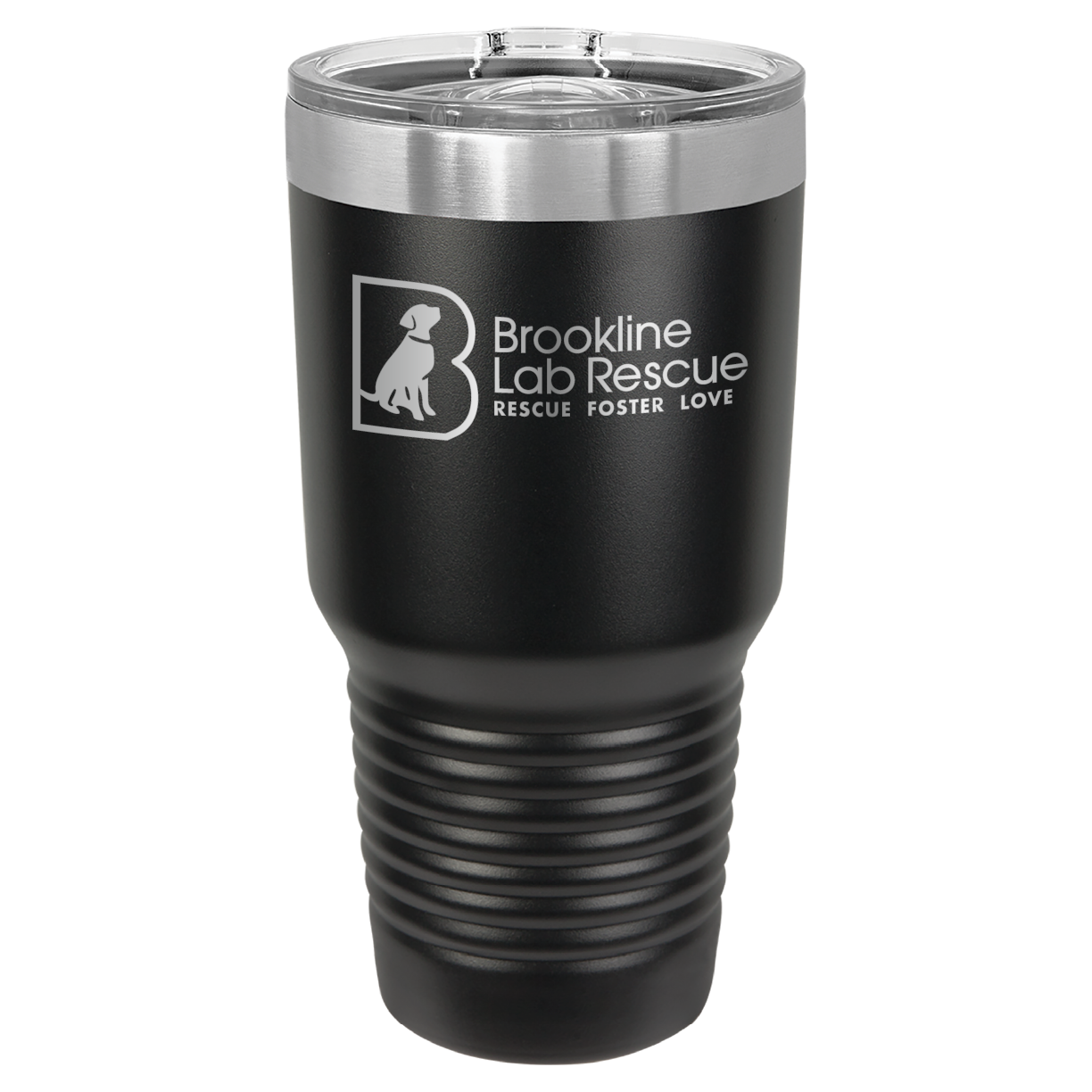 Black laser engraved 30 oz tumbler featuring the Brookline Lab Rescue logo