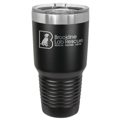 Black laser engraved 30 oz tumbler featuring the Brookline Lab Rescue logo