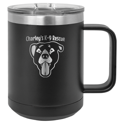 Black 15 oz coffee cup laser engraved  tumbler featuring the Charley's K9 Rescue logo