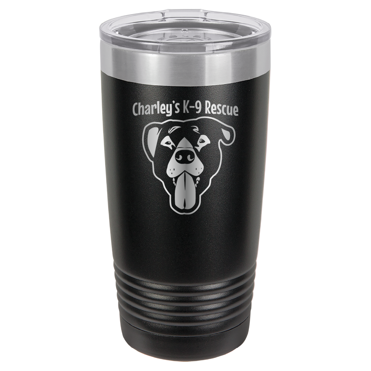 Black 20 ounce tumbler laser engraved  tumbler featuring the Charley's K9 Rescue logo and the name Birdie