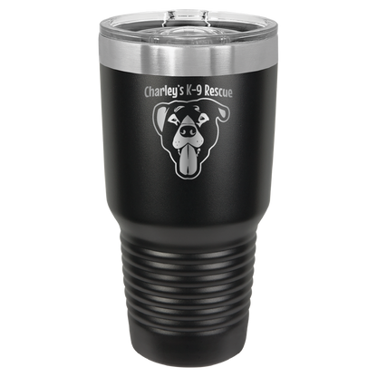 Black 30 oz tumbler laser engraved  tumbler featuring the Charley's K9 Rescue logo