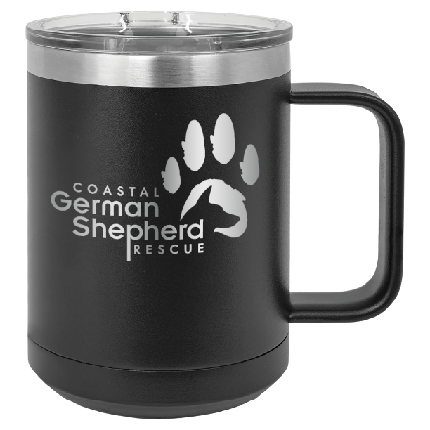 Black 15 ounce laser engraved coffee mug, featuring the with the Coastal German Shpherd Rescue of Orange County logo