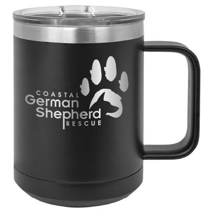 Black 15 ounce laser engraved coffee mug, featuring the with the Coastal German Shpherd Rescue of Orange County logo