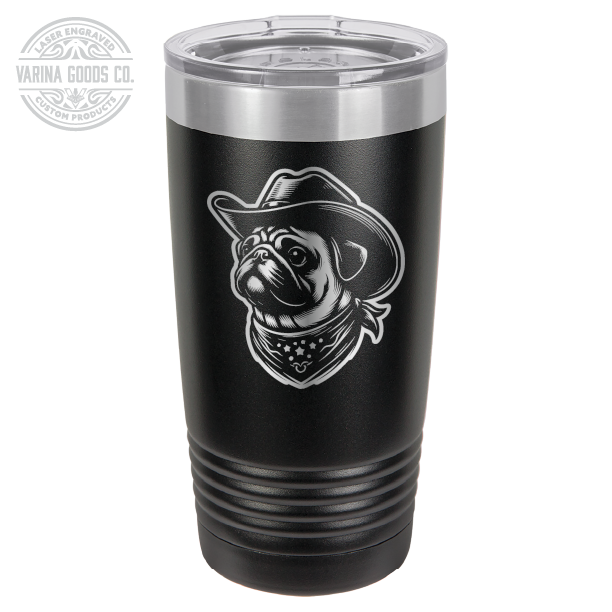 Cowboy Pug with bandana 20 laser engraved tumbler, in  black and stainless