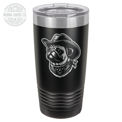 Cowboy Pug with bandana 20 laser engraved tumbler, in  black and stainless