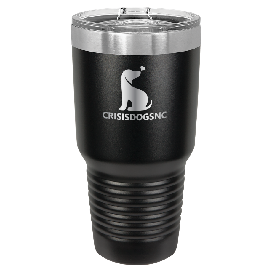 Black 30 oz laser engraved tumbler with the Crisis Dogs NC logo.