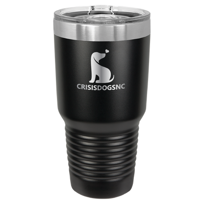 Black 30 oz laser engraved tumbler with the Crisis Dogs NC logo.