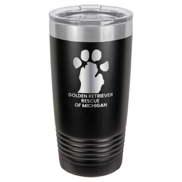 Black 20 Oz laser engraved tumbler with the Golden Retriever Rescue of Michigan logo