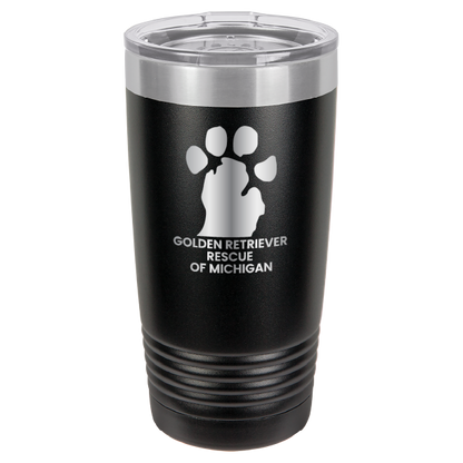 Black 20 Oz laser engraved tumbler with the Golden Retriever Rescue of Michigan logo