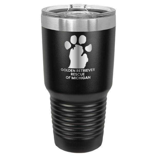 Black 30 laser engraved tumbler featuring the Golden Retriever Rescue of Michigan logo