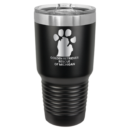 Black 30 laser engraved tumbler featuring the Golden Retriever Rescue of Michigan logo