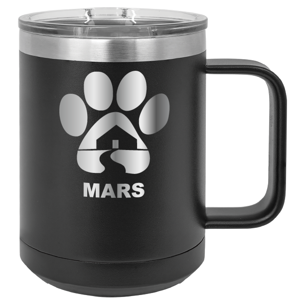 Black 15 ounce laser engraved coffee mug with the Midwest Animal Rescue & Services (MARS) logo.