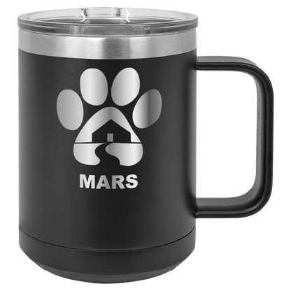 Black 15 ounce laser engraved coffee mug with the Midwest Animal Rescue & Services (MARS) logo.