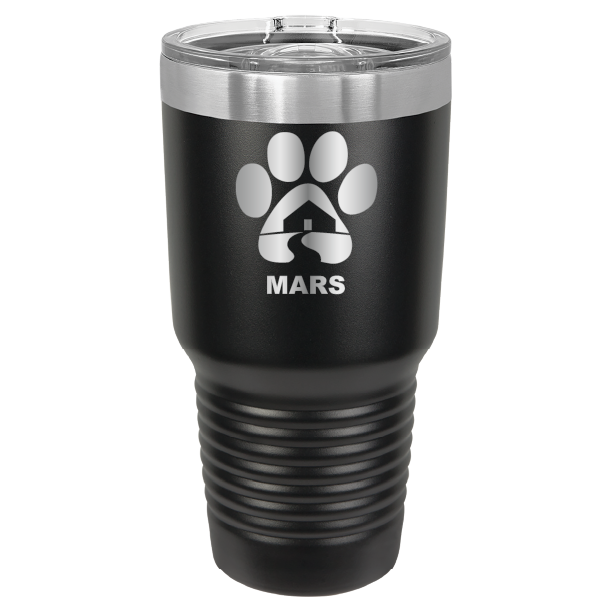 Black 30 ounce laser engraved tumbler with the Midwest Animal Rescue & Services (MARS) logo.