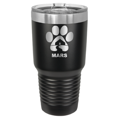 Black 30 ounce laser engraved tumbler with the Midwest Animal Rescue & Services (MARS) logo.