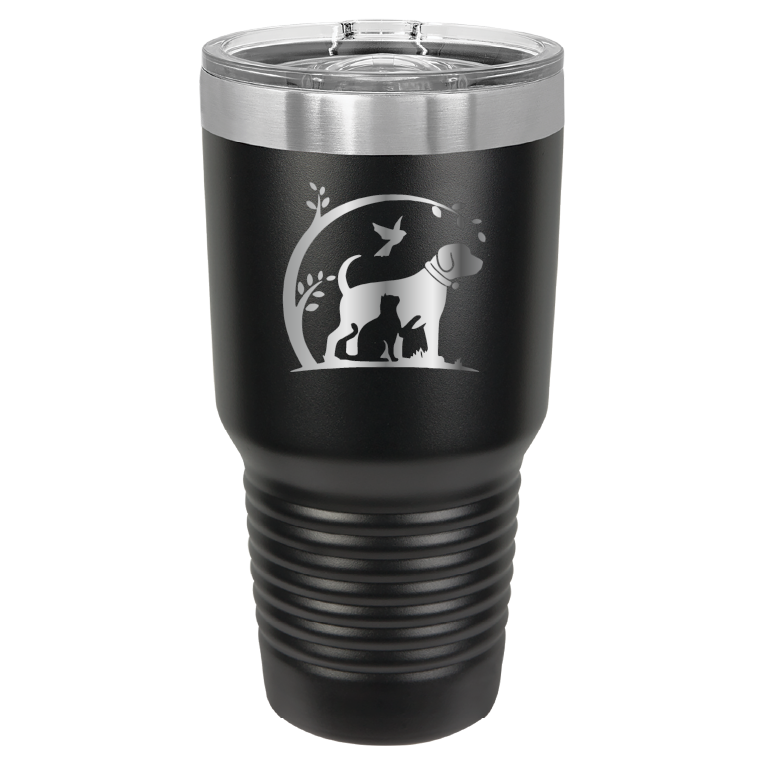 Black 30 oz laser engraved tumbler featuring the No Critter Left Behind logo