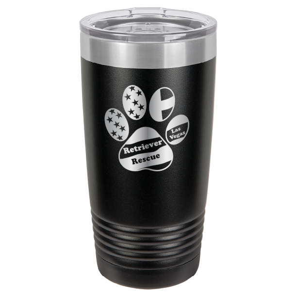 Black laser engraved 20 tumbler featuring the Retriever Rescue of Las Vegas logo