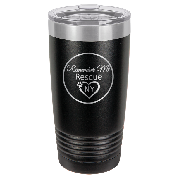 Black  laser engraved 20 tumbler featuring the logo of Remember Me Rescue NY