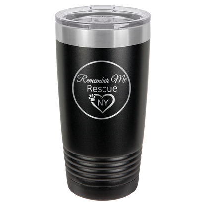 Black  laser engraved 20 tumbler featuring the logo of Remember Me Rescue NY