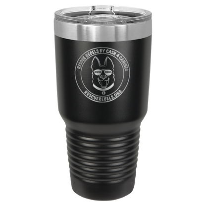 Black  30 oz tumbler laser engraved  water bottle featuring the Rescue Rebels logo