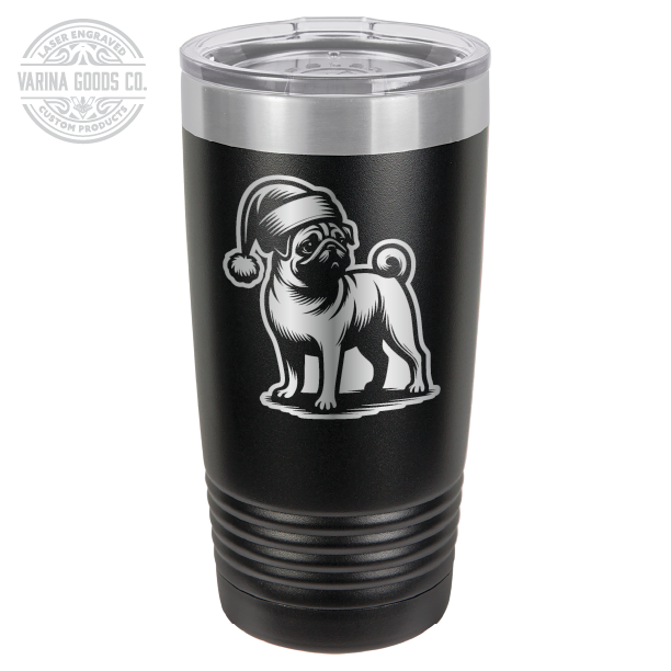 Pug wearing a Santa hat, 20 oz laser engraved tumbler, in black