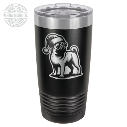 Pug wearing a Santa hat, 20 oz laser engraved tumbler, in black