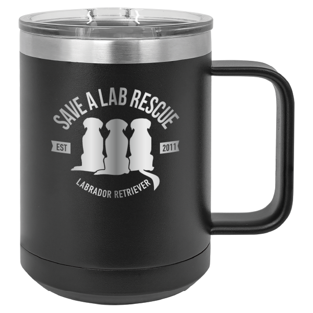 Black 15 oz laser engraved coffee cup featuring the Save A Lab Rescue logo.