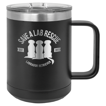 Black 15 oz laser engraved coffee cup featuring the Save A Lab Rescue logo.