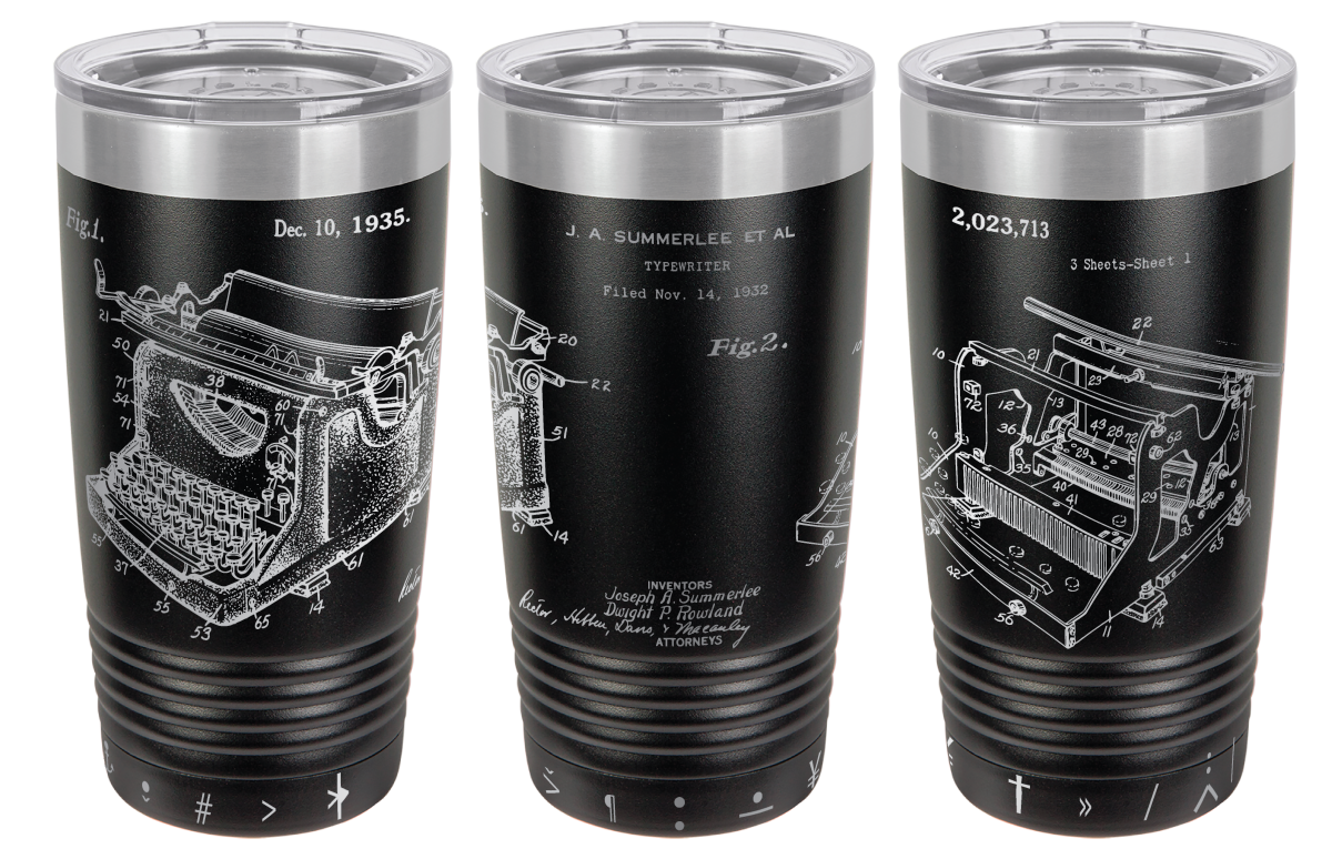 Vintage typewriter patent laser engraved on a black stainless steel tumbler