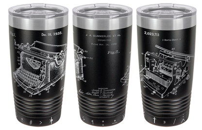 Vintage typewriter patent laser engraved on a black stainless steel tumbler