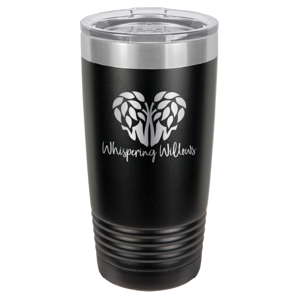 Black laser engraved 20 oz tumbler featuring the Whispering Willows logo.