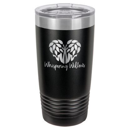 Black laser engraved 20 oz tumbler featuring the Whispering Willows logo.